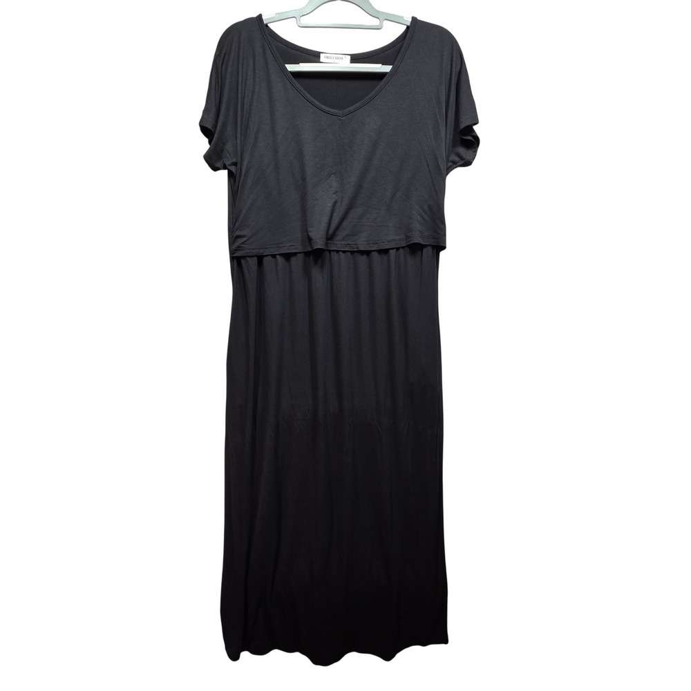 Smallshow Nursing Maxi Dress Womens L Maternity Pockets Black Cap Sleeve
